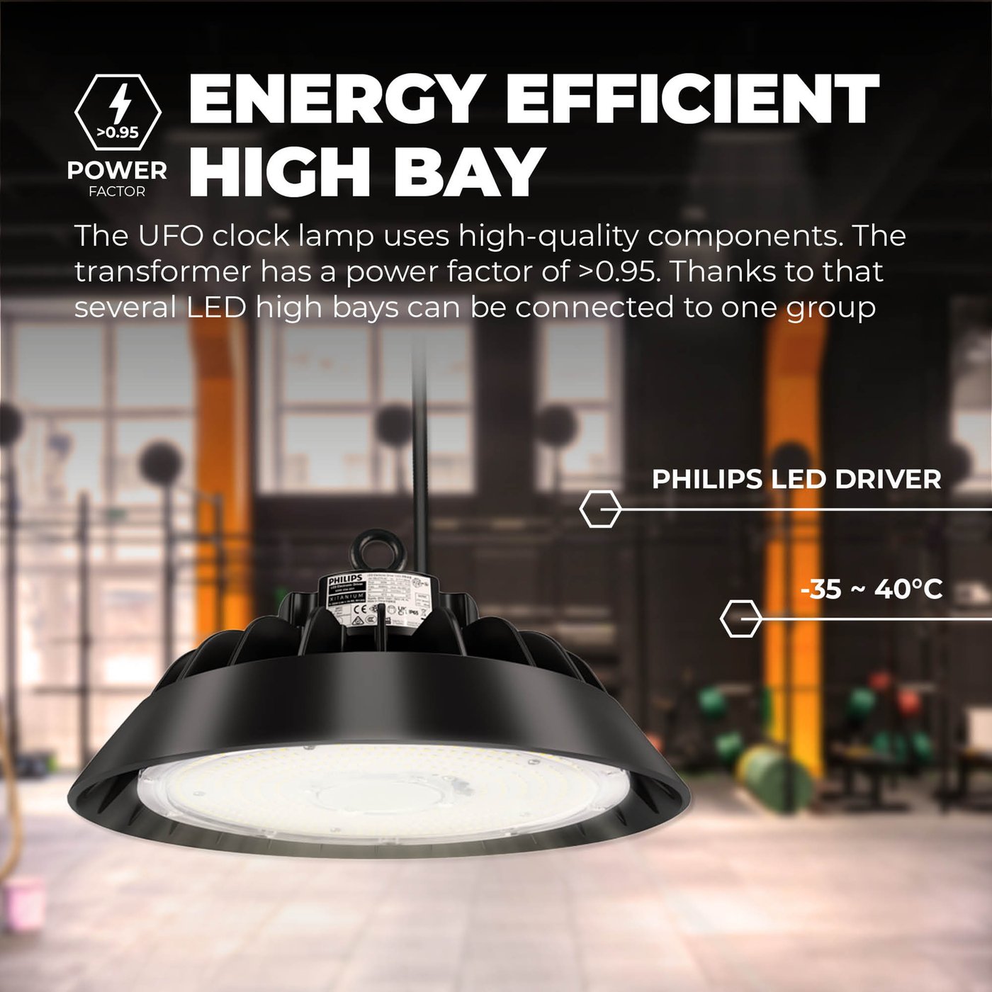 マミNational HID LAMP BHRF200-220V160W LED High Bay 200W - Philips Driver - 120° - 150Lm/W - 6000K - IP65
